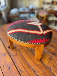 Vintage Kilim Ottoman Stool, Handmade Beech Wood Foot Rest - thumbnail 1