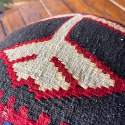Vintage Kilim Ottoman Stool, Handmade Beech Wood Foot Rest - thumbnail 3