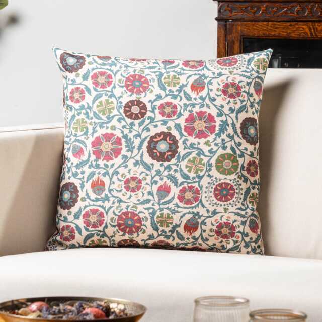 Tudor Rose Cushion Cover in Coral Pink. Classic Floral & Botanical Trailing Vines Design. 17x17 - image 1