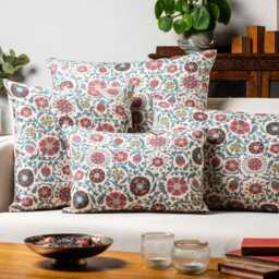 Tudor Rose Cushion Cover in Coral Pink. Classic Floral & Botanical Trailing Vines Design. 17x17 - thumbnail 3