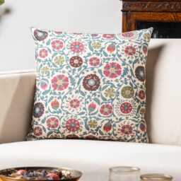 Tudor Rose Cushion Cover in Coral Pink. Classic Floral & Botanical Trailing Vines Design. 17x17