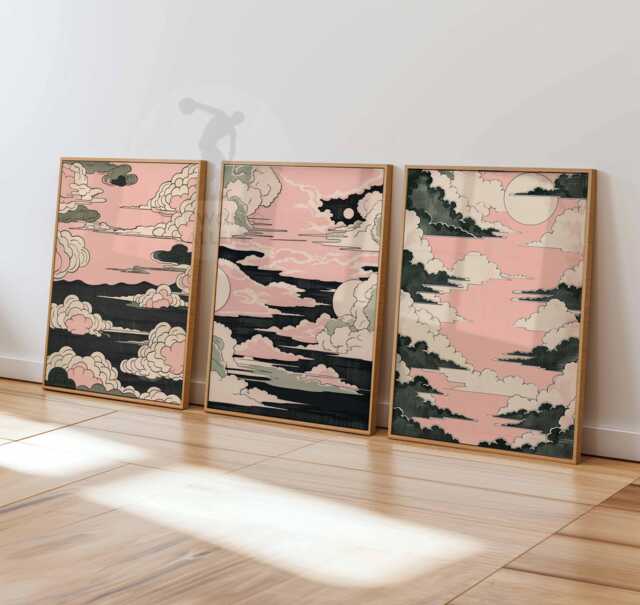 Pink Cloud Wall Art Set - Japanese-Inspired Sky Posters Minimalist Sun & Moon Print Trio Soothing Aesthetic Home Decor - image 1