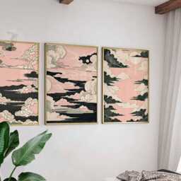 Pink Cloud Wall Art Set - Japanese-Inspired Sky Posters Minimalist Sun & Moon Print Trio Soothing Aesthetic Home Decor - thumbnail 2