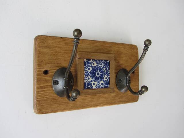 Mexican Style Mini 2 Hook Coat Hooks/Robe Iron & Hand Painted Terracotta Tile - Different Designs Available - image 1