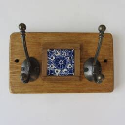 Mexican Style Mini 2 Hook Coat Hooks/Robe Iron & Hand Painted Terracotta Tile - Different Designs Available - thumbnail 2