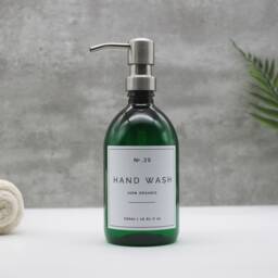 Refillable Green Plastic Soap Dispenser Bottle Silver Metal Pump, Waterproof Label - thumbnail 2