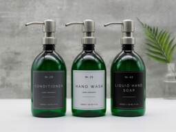 Refillable Green Plastic Soap Dispenser Bottle Silver Metal Pump, Waterproof Label - thumbnail 1