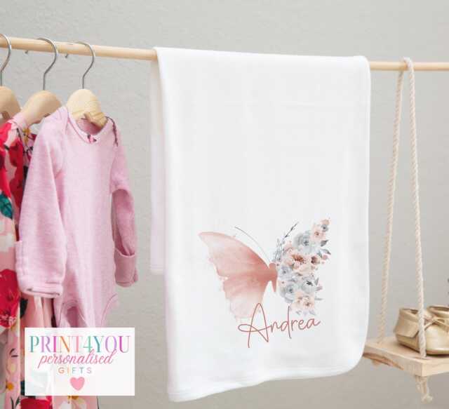 Personalised Baby Blanket - Floral Butterfly Design Super Soft 100 Cotton Dtg Printed - image 1