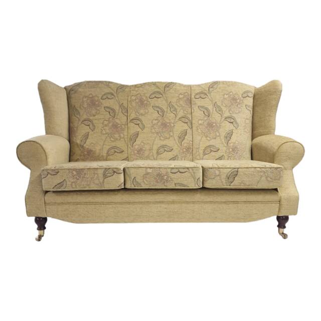Wing Back Queen Anne Sofa Gold Floral Fabric, Solid Wood Legs - image 1