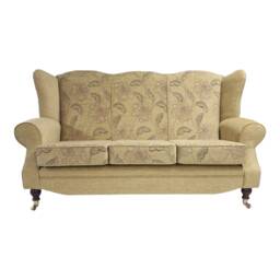 Wing Back Queen Anne Sofa Gold Floral Fabric, Solid Wood Legs