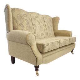 Wing Back Queen Anne Sofa Gold Floral Fabric, Solid Wood Legs - thumbnail 3