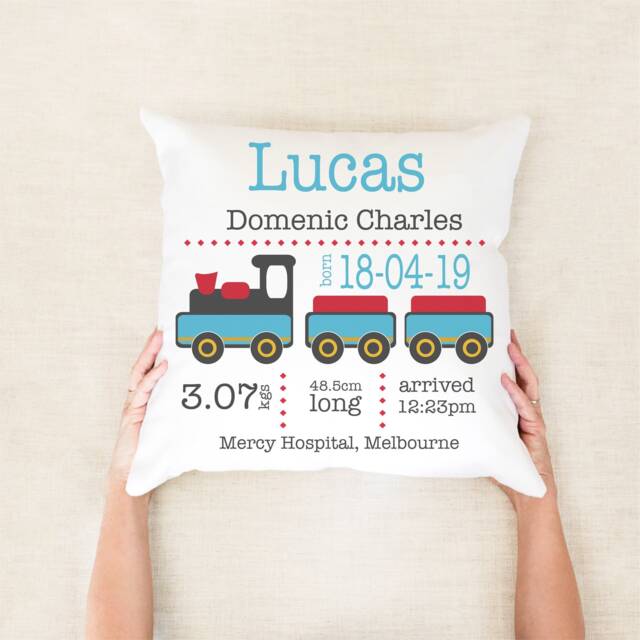 Birth Announcement Custom Pillow Train Baby Name Nursery Decor Stats Steam Engine Gift For New Parents - image 1