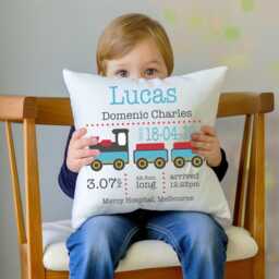 Birth Announcement Custom Pillow Train Baby Name Nursery Decor Stats Steam Engine Gift For New Parents - thumbnail 2