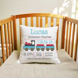 Birth Announcement Custom Pillow Train Baby Name Nursery Decor Stats Steam Engine Gift For New Parents - thumbnail 3