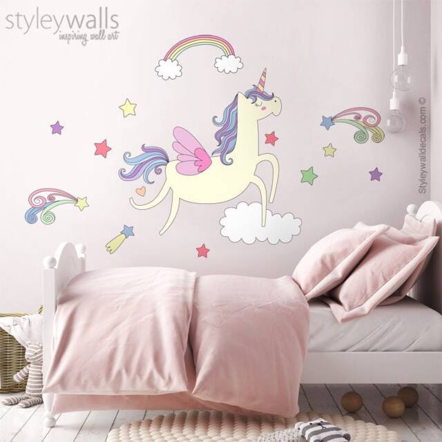 Unicorn Wall Decal, Sticker, Rainbow Clouds Stars Girls Nursery Decor , Magical - image 1
