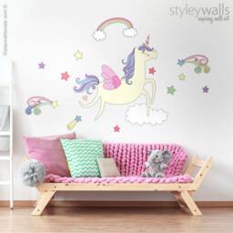 Unicorn Wall Decal, Sticker, Rainbow Clouds Stars Girls Nursery Decor , Magical - thumbnail 2