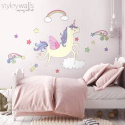 Unicorn Wall Decal, Sticker, Rainbow Clouds Stars Girls Nursery Decor , Magical - thumbnail 1
