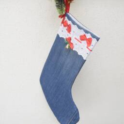 Set Of Two Christmas Stocking, Denim Personalised Personalized Santa Sack, Xmas Sock, Style Is Boho - thumbnail 4