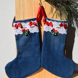 Set Of Two Christmas Stocking, Denim Personalised Personalized Santa Sack, Xmas Sock, Style Is Boho - thumbnail 2