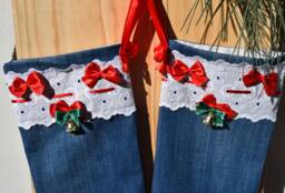 Set Of Two Christmas Stocking, Denim Personalised Personalized Santa Sack, Xmas Sock, Style Is Boho