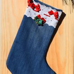 Set Of Two Christmas Stocking, Denim Personalised Personalized Santa Sack, Xmas Sock, Style Is Boho - thumbnail 3