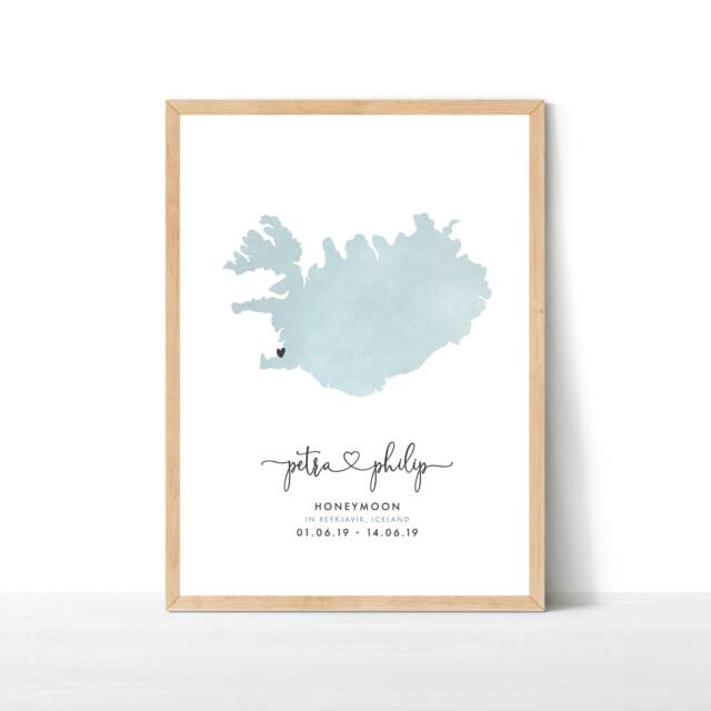 Engagement Map Print, Personalised Gift, Destination Travel Map, Watercolour Wedding Iceland Print - image 1