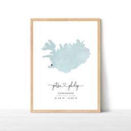 Engagement Map Print, Personalised Gift, Destination Travel Map, Watercolour Wedding Iceland Print - thumbnail 1
