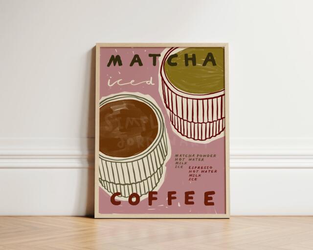 Matcha & Coffee, Pink Kitchen Print, Foodie Hand Drawn Cosy Art Drink Wall Unframed - image 1