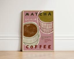 Matcha & Coffee, Pink Kitchen Print, Foodie Hand Drawn Cosy Art Drink Wall Unframed - thumbnail 1