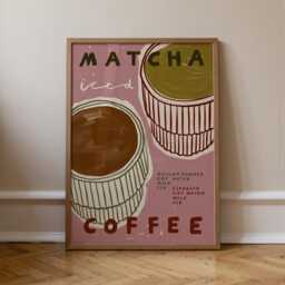 Matcha & Coffee, Pink Kitchen Print, Foodie Hand Drawn Cosy Art Drink Wall Unframed - thumbnail 3