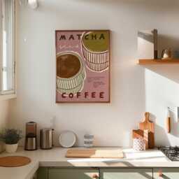 Matcha & Coffee, Pink Kitchen Print, Foodie Hand Drawn Cosy Art Drink Wall Unframed - thumbnail 2