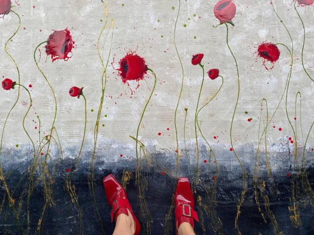 Hand-Painted Poppies Floorcloth Abstract Floral Rug, Durable Waterproof Canvas - image 1