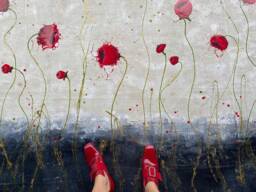 Hand-Painted Poppies Floorcloth Abstract Floral Rug, Durable Waterproof Canvas - thumbnail 1