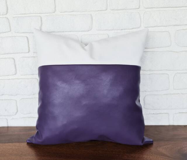 18x18''(45x45cmBiogen Purple Faux Leather & White Cotton Pillow Cover-1/3 Design/Housewarming Gift-1Qty - image 1