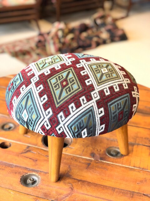 Kilim Ottoman Stool Beech Wood Foot Rest, Chenille Fabric - image 1