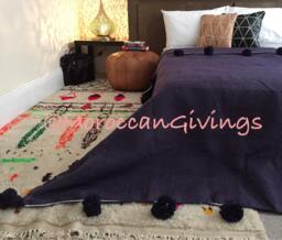 "Moroccan Pom Blanket - Throw With Blanket Bed Spread Bedding Cotton /59""Wx98" - thumbnail 1