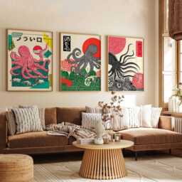 Japanese Octopus Art Print Set Of 3 - Retro Posters Vintage Japan Wall Tentacle Marine Decor Ukiyo-E Style Prints - thumbnail 3