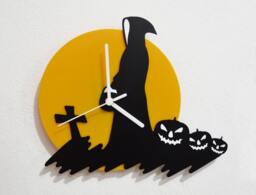 Halloween Ghost On Grave With Pumpkins - Black & Yellow Silhouette Wall Clock - thumbnail 1