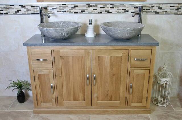 Solid Oak Bathroom Vanity Unit Cabinet Stone Basin Tap Set Grey Quartz Top 402Gqsbcx2 - image 1