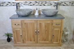 Solid Oak Bathroom Vanity Unit Cabinet Stone Basin Tap Set Grey Quartz Top 402Gqsbcx2 - thumbnail 1
