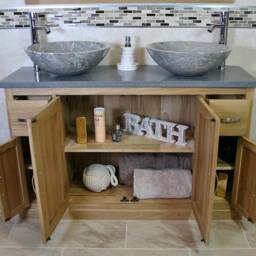 Solid Oak Bathroom Vanity Unit Cabinet Stone Basin Tap Set Grey Quartz Top 402Gqsbcx2 - thumbnail 3