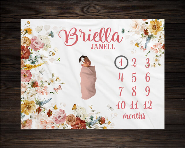 Baby Girl Wildflower Floral Milestone Blanket For Monthly Growth Photos, Perfect Shower Gift Mom To Be, Gm12 - image 1