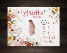 Baby Girl Wildflower Floral Milestone Blanket For Monthly Growth Photos, Perfect Shower Gift Mom To Be, Gm12 - thumbnail 1