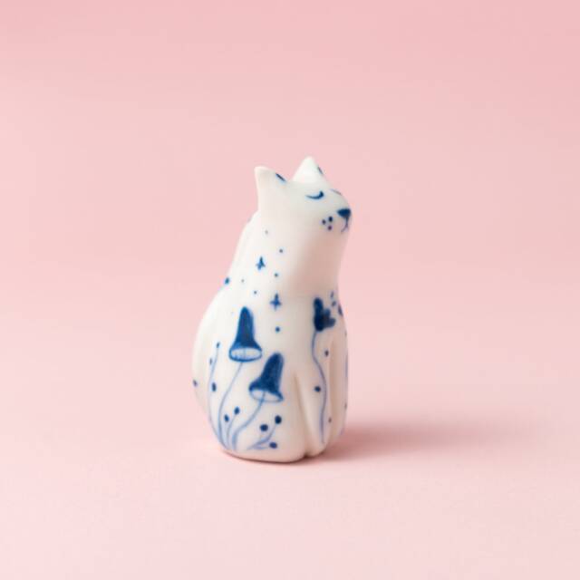 Handmade Porcelain Cat Figurine - Mushroom & Stars, Pocket Friend - image 1