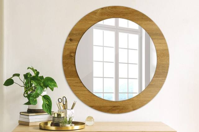 Rustic Oak, Brown, Round Mirror Frame, Glass Wall Art, High Quality Print - image 1