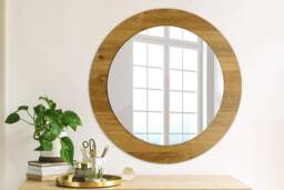 Rustic Oak, Brown, Round Mirror Frame, Glass Wall Art, High Quality Print