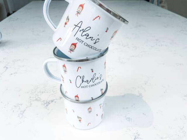 Personalised Kids Christmas Mug Fairy Cup Hot Chocolate Eve Filler, Boy, Girl Camping Enamel