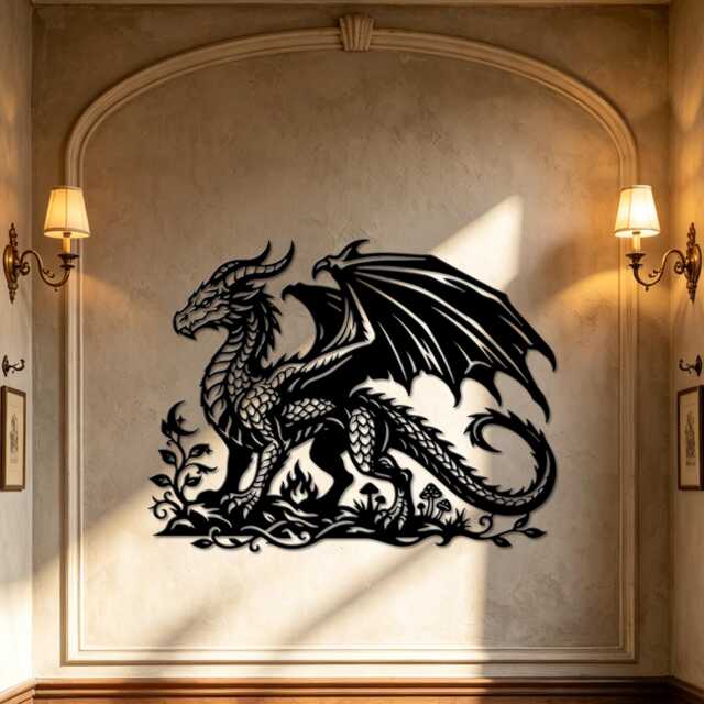 Fantasy Winged Dragon Metal Wall Art, Medieval Silhouette With Foliage Mushrooms Decor, Gothic Home Interior Hanging - image 1