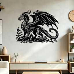 Fantasy Winged Dragon Metal Wall Art, Medieval Silhouette With Foliage Mushrooms Decor, Gothic Home Interior Hanging - thumbnail 2