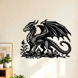 Fantasy Winged Dragon Metal Wall Art, Medieval Silhouette With Foliage Mushrooms Decor, Gothic Home Interior Hanging - thumbnail 4